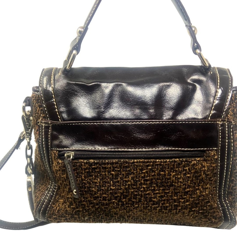 Tignanello Brown‎ Tweed Leather Trim Satchel Shoulder Crossbody Bag - Picture 4 of 12